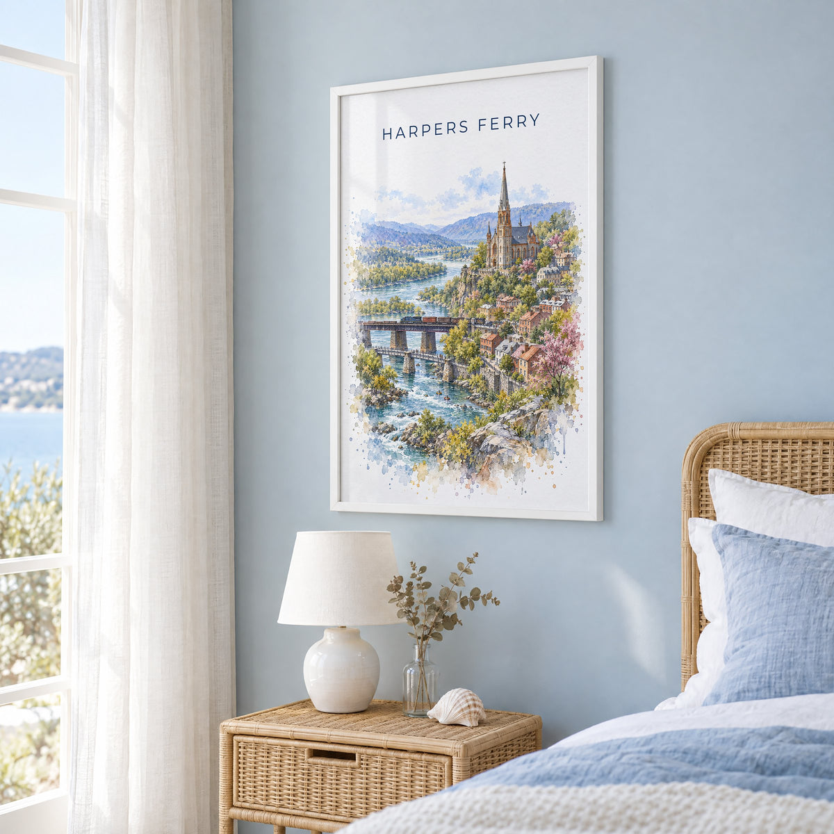 Harpers Ferry watercolor print in a white frame on a pale blue wall beside a rattan bed in a coastal bedroom