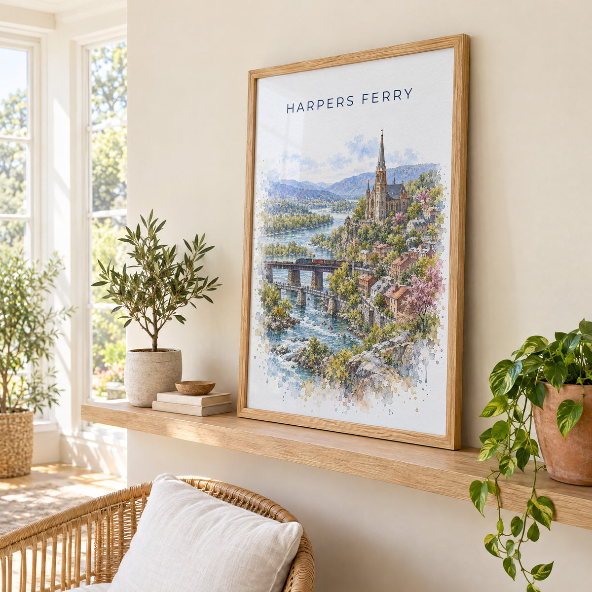 Harpers Ferry watercolor print in an oak frame on a picture ledge in a sunlit sunroom