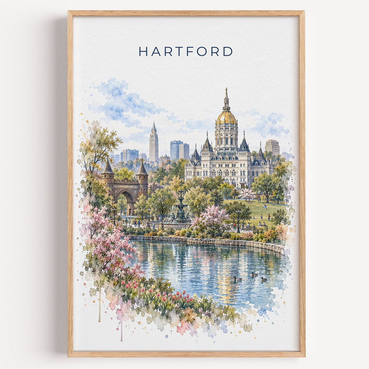 Hartford, Connecticut watercolor print in a light oak frame on a plain white wall