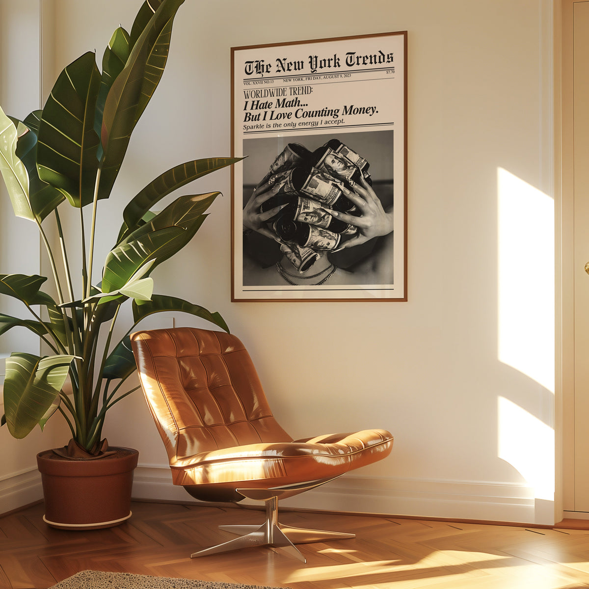Dollar bill hair rollers mock newspaper print in a walnut frame above a leather lounge chair