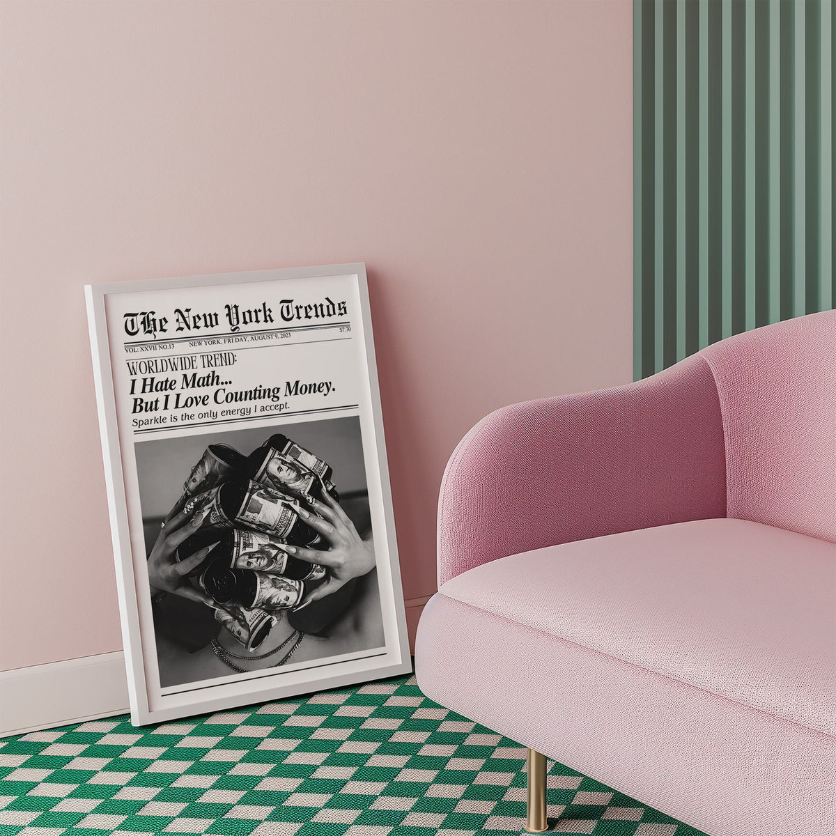 Dollar bill hair rollers mock newspaper print in a white frame beside a pink armchair on a checkered floor
