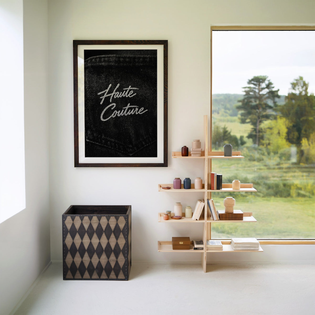 Haute Couture white script on black denim print in a walnut frame with a white mat beside wooden shelves and a garden window