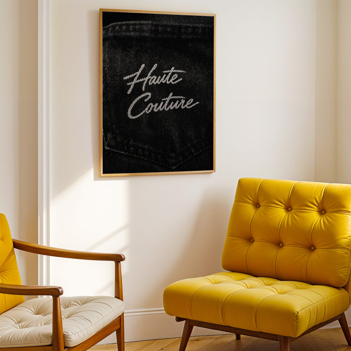 Haute Couture white script on black denim print shown in a gold frame above a mustard yellow tufted armchair