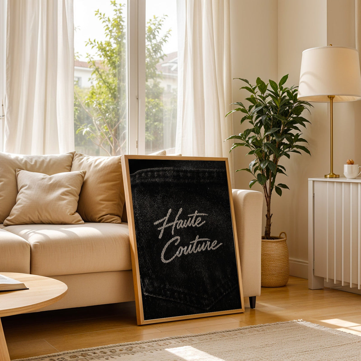 Haute Couture white script on black denim print in a light oak frame leaning on a cream sofa beside a floor lamp