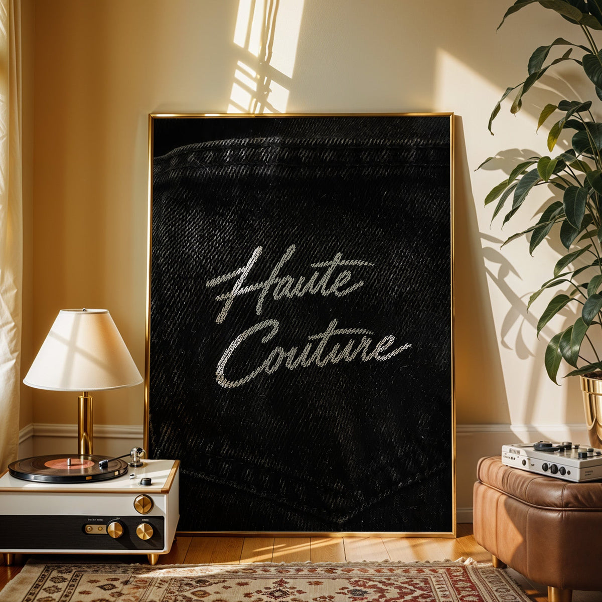 Haute Couture white script on black denim print shown in a gold frame beside a record player and table lamp