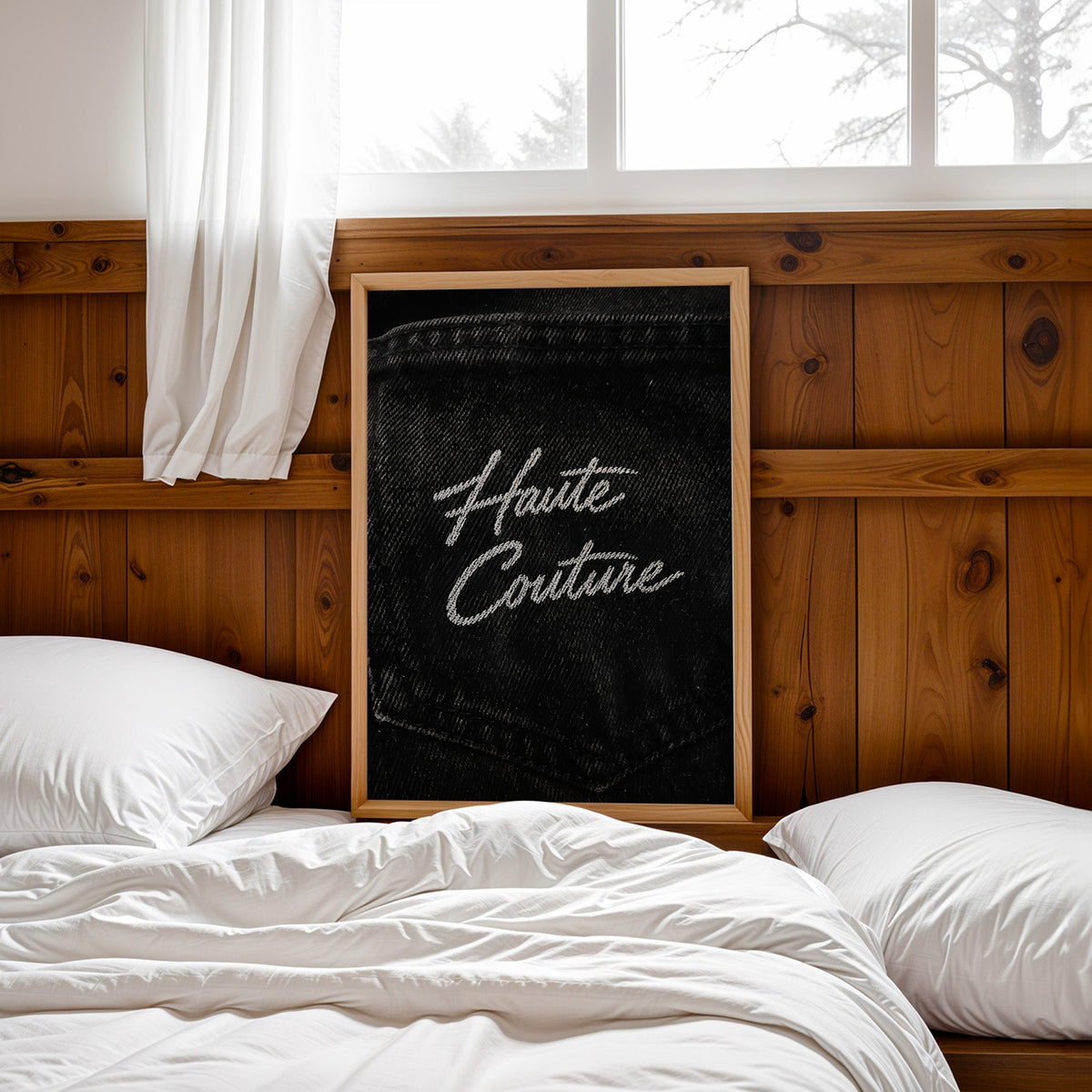 Haute Couture white script on black denim print in a pine frame leaning on a wood headboard over white bedding
