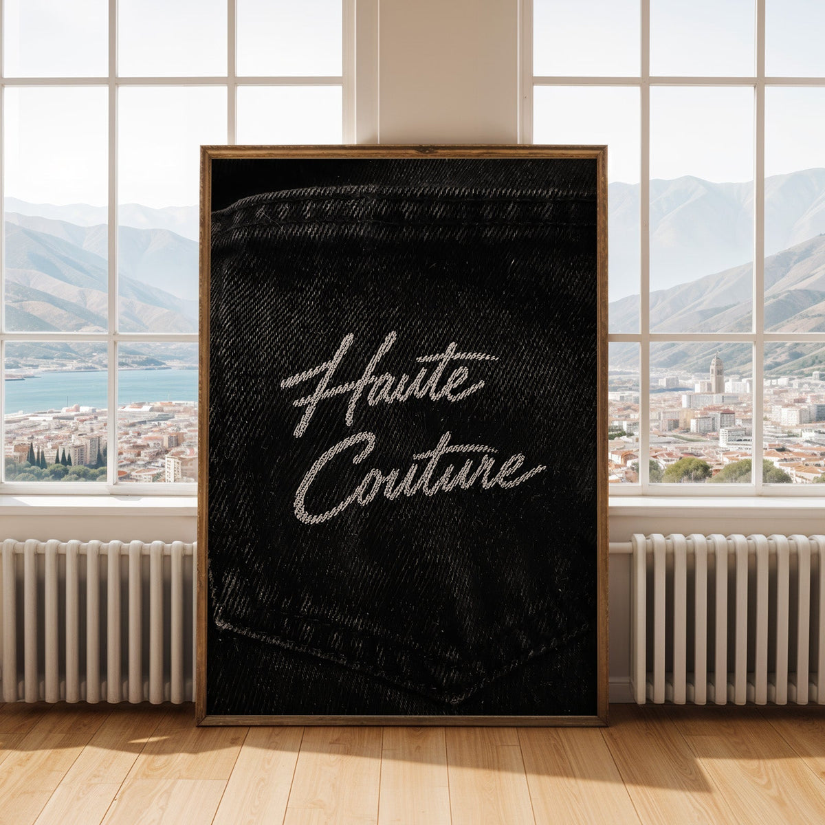 Haute Couture white script on black denim print shown in an antique gold frame by tall windows with a sea view
