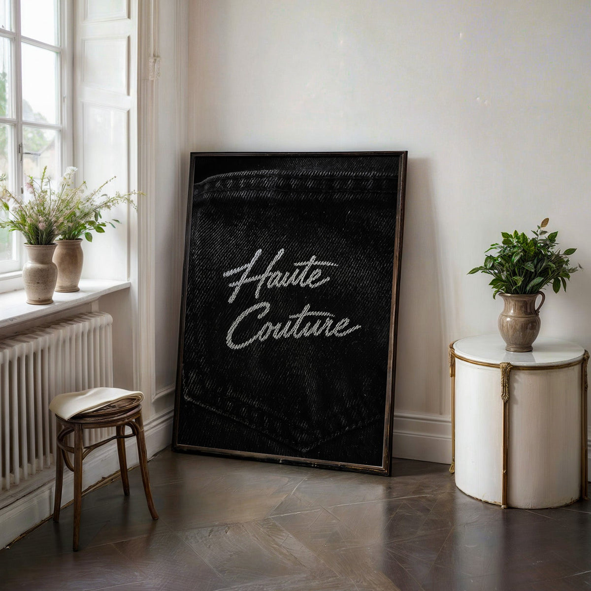 Haute Couture white script on black denim print in a black frame on a dark stone floor beside a white side table