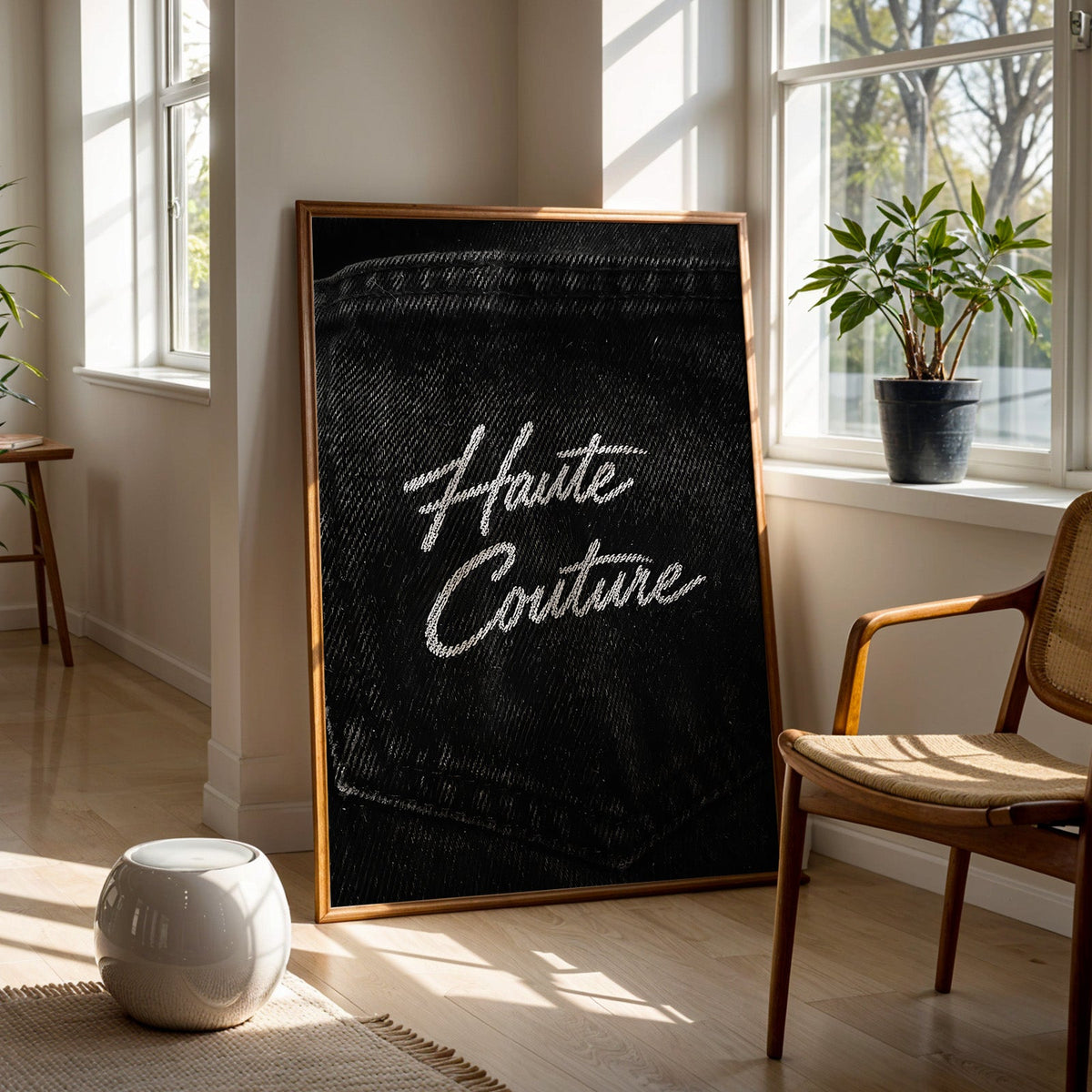 Haute Couture white script on black denim print in a walnut frame on a wood floor beside a cane chair and sunny window