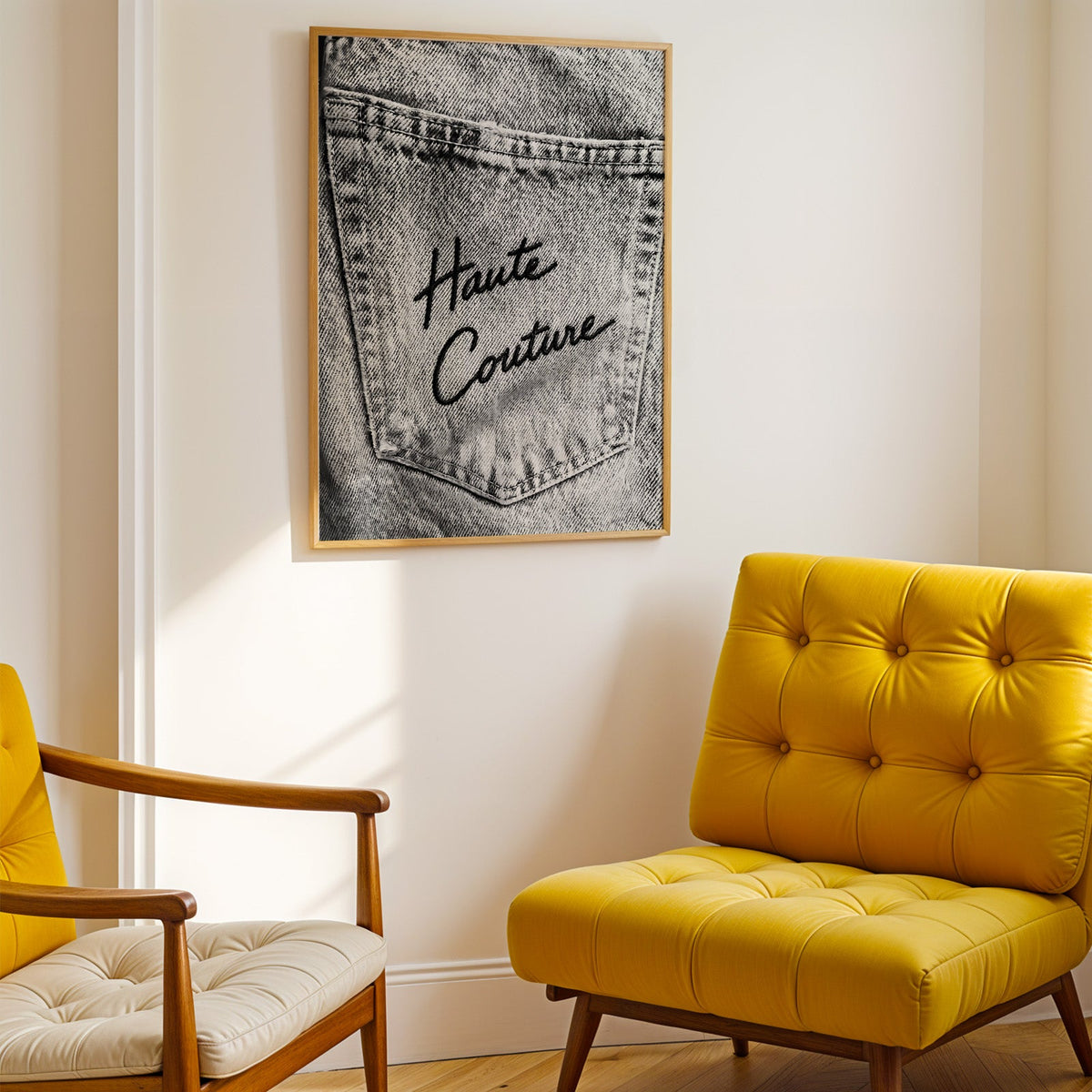 Haute Couture black script on faded grey denim print shown in a gold frame above a mustard yellow tufted armchair
