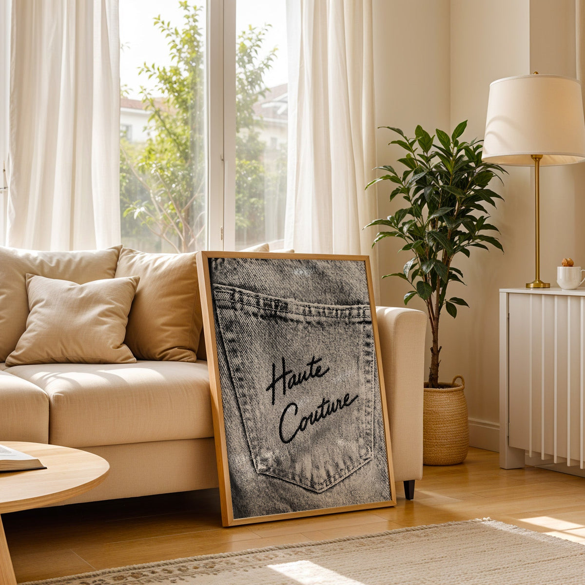 Haute Couture black script on faded grey denim print in a light oak frame leaning on a cream sofa beside a floor lamp