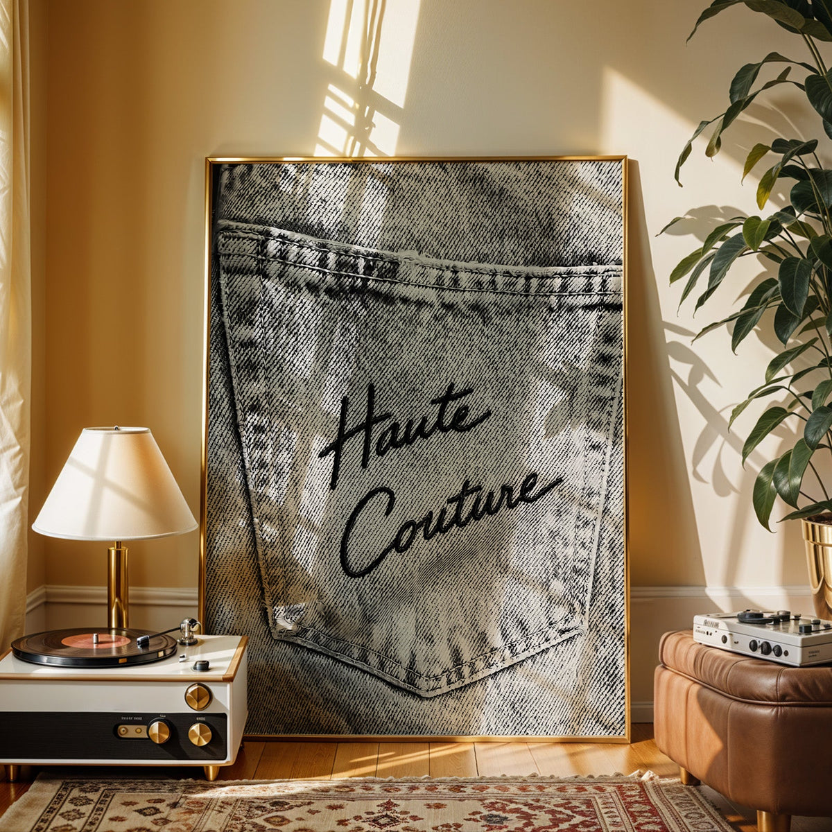 Haute Couture black script on faded grey denim print shown in a gold frame beside a record player and table lamp