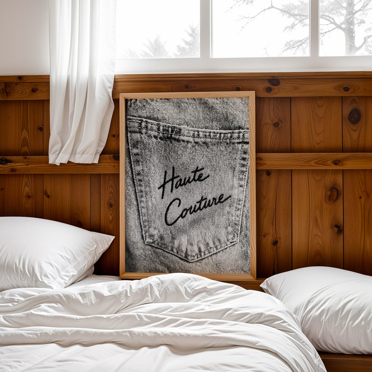 Haute Couture black script on faded grey denim print in a pine frame leaning on a wood headboard over white bedding