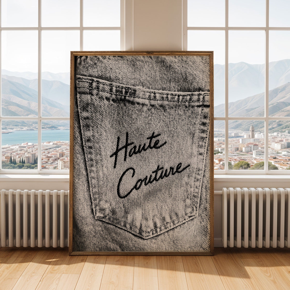 Haute Couture black script on faded grey denim print shown in an antique gold frame by tall windows with a sea view