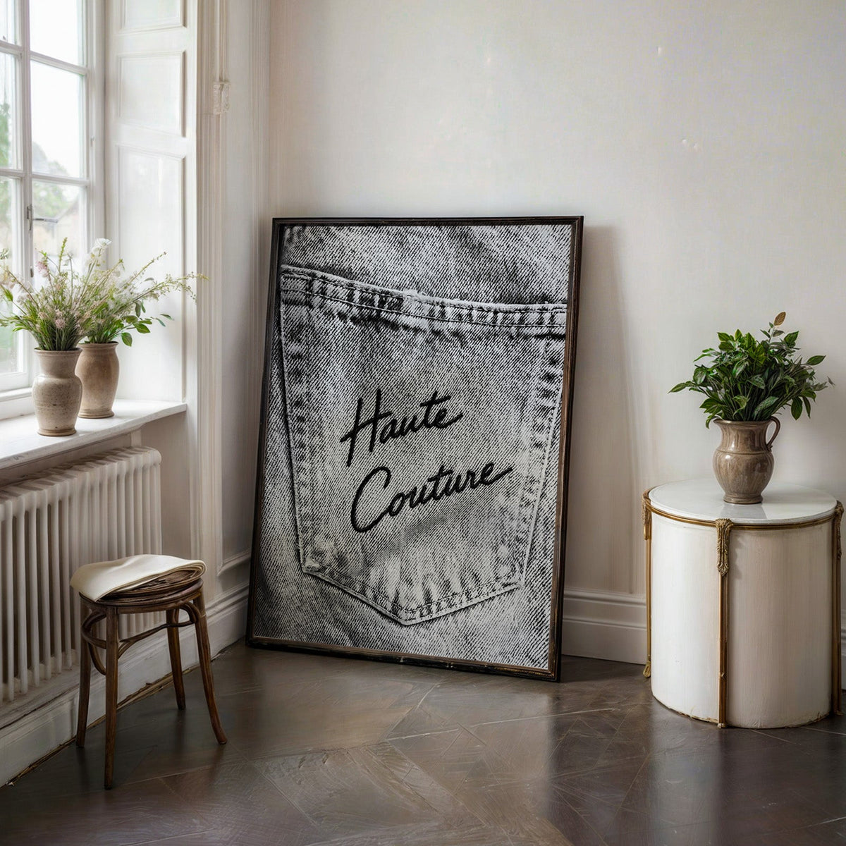 Haute Couture black script on faded grey denim print in a black frame on a dark stone floor beside a white side table