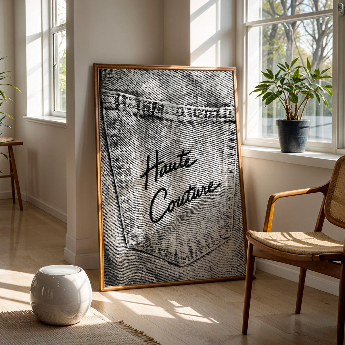 Haute Couture black script on faded grey denim print in a walnut frame on a wood floor beside a cane chair and sunny window