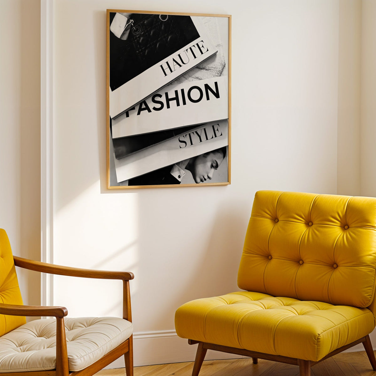 Stacked HAUTE FASHION STYLE books flat lay print shown in a gold frame above a mustard yellow tufted armchair