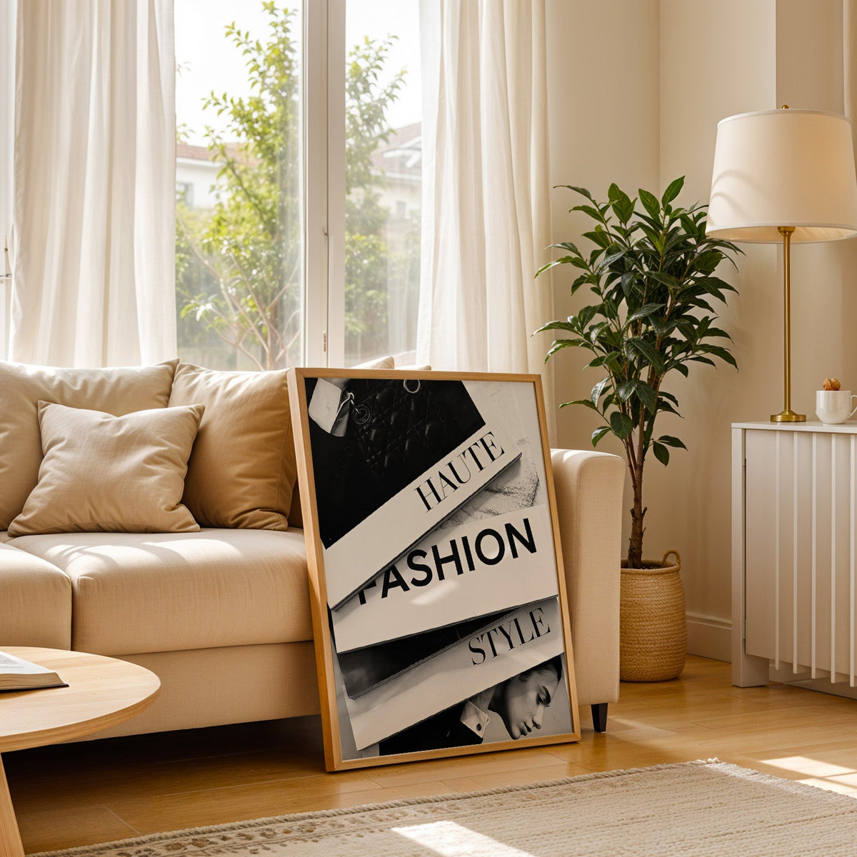 Stacked HAUTE FASHION STYLE books flat lay print in a light oak frame leaning on a cream sofa beside a floor lamp