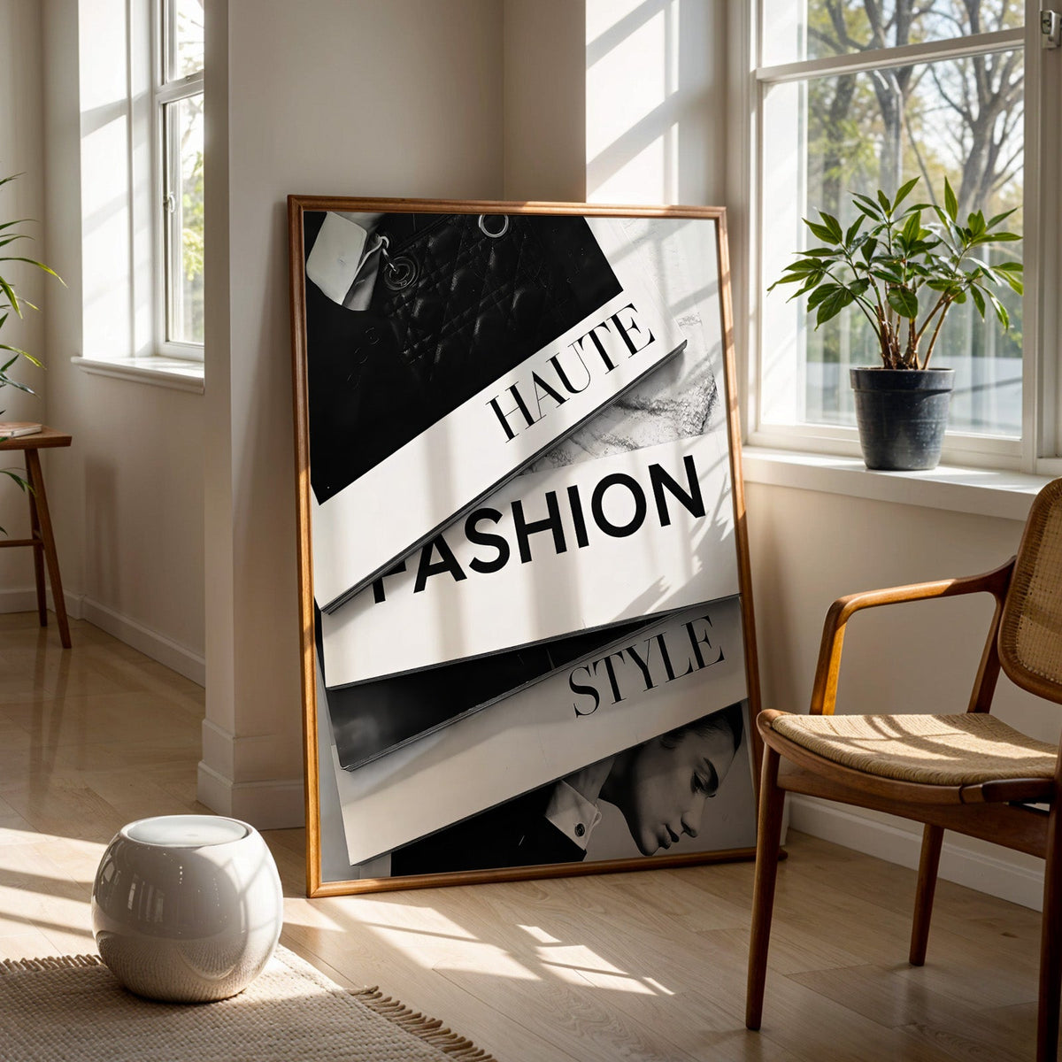 Stacked HAUTE FASHION STYLE books flat lay print in a walnut frame on a wood floor beside a cane chair and sunny window