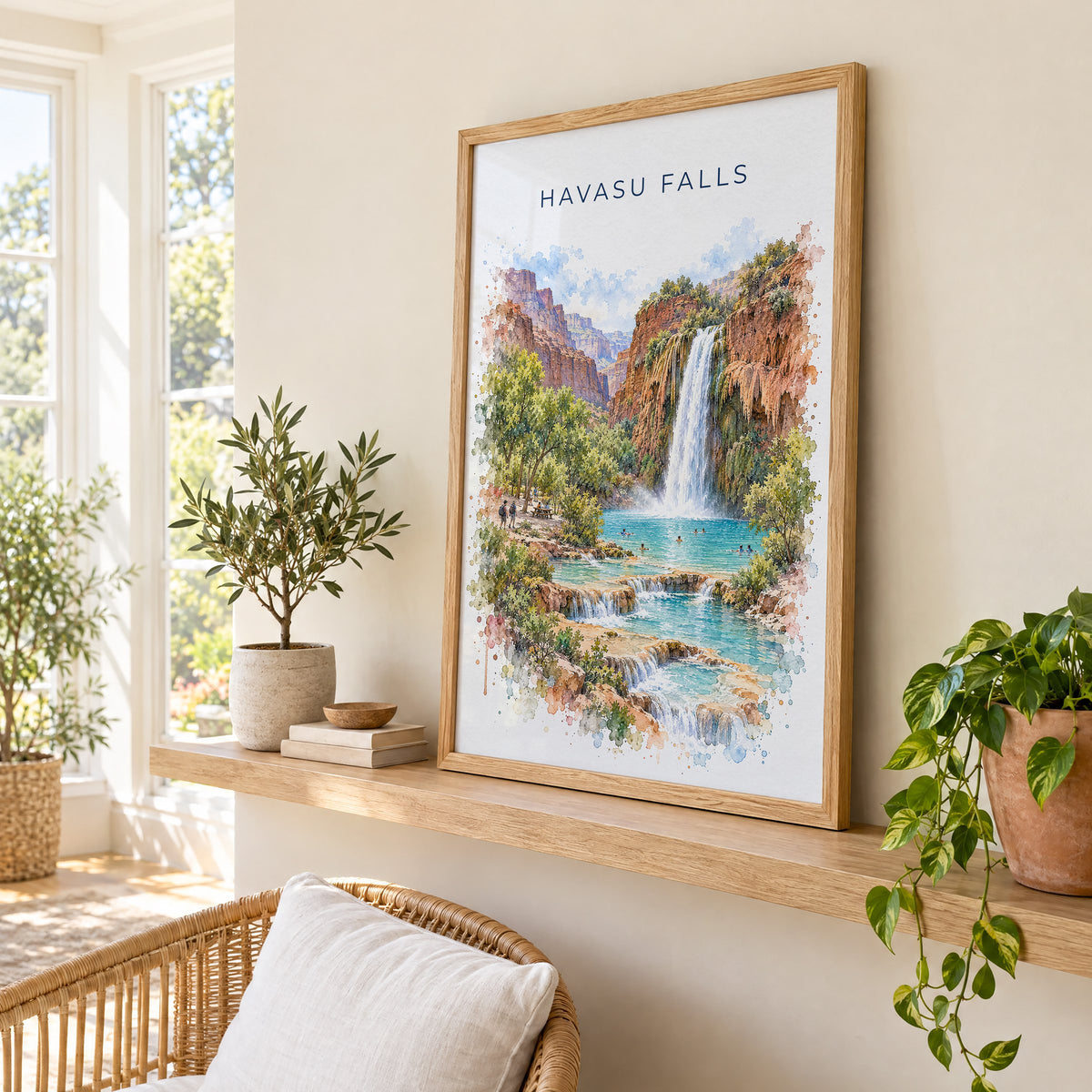 Havasu Falls watercolor print in an oak frame on a picture ledge in a sunlit sunroom