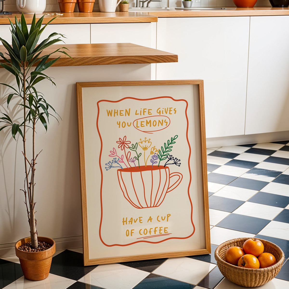 Have a cup of coffee print in an oak frame by a kitchen island and checkered floor