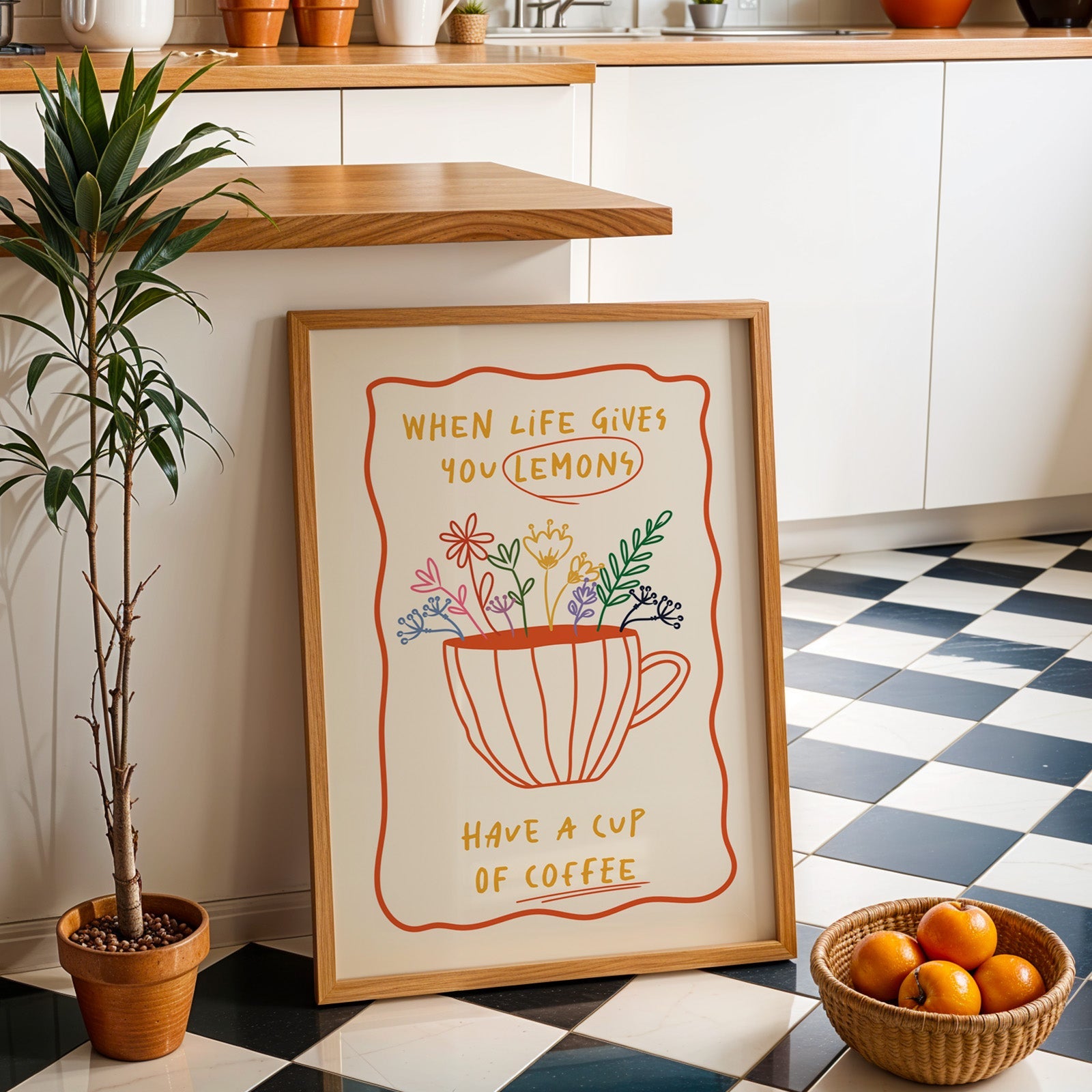 Have a cup of coffee print in an oak frame by a kitchen island and checkered floor