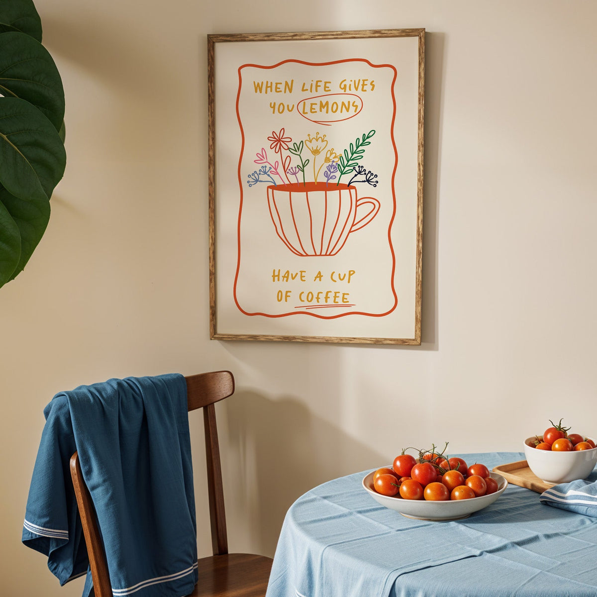 Have a cup of coffee print in an oak frame above a blue linen table with ripe tomatoes
