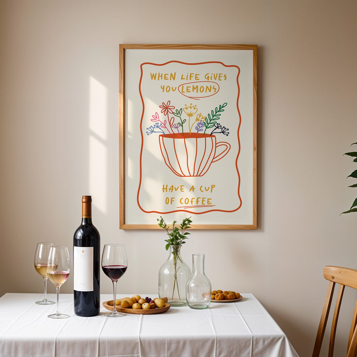 Have a cup of coffee print in an oak frame above a table laid with red wine and glasses