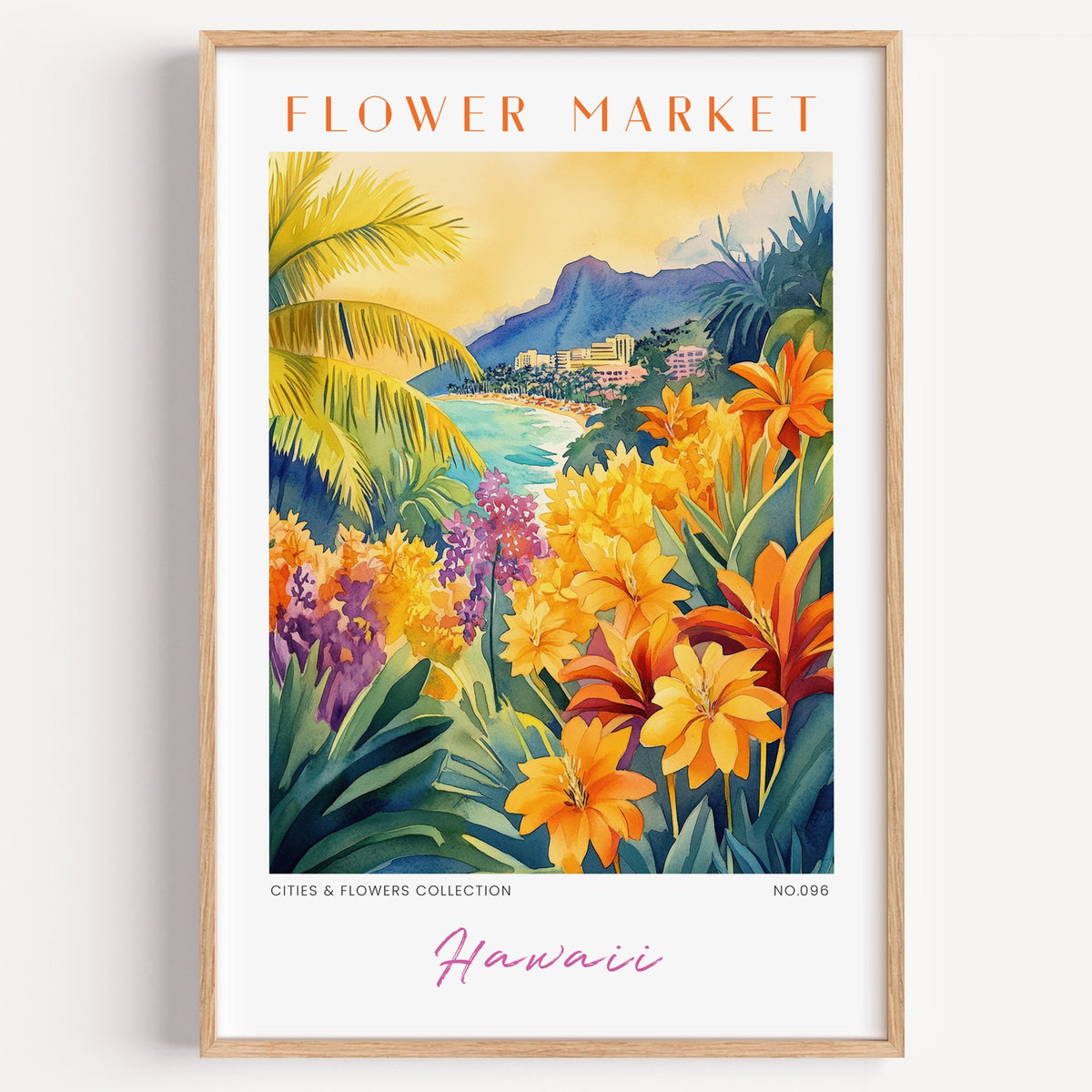 Hawaii flower market print in a light oak frame on a plain white wall