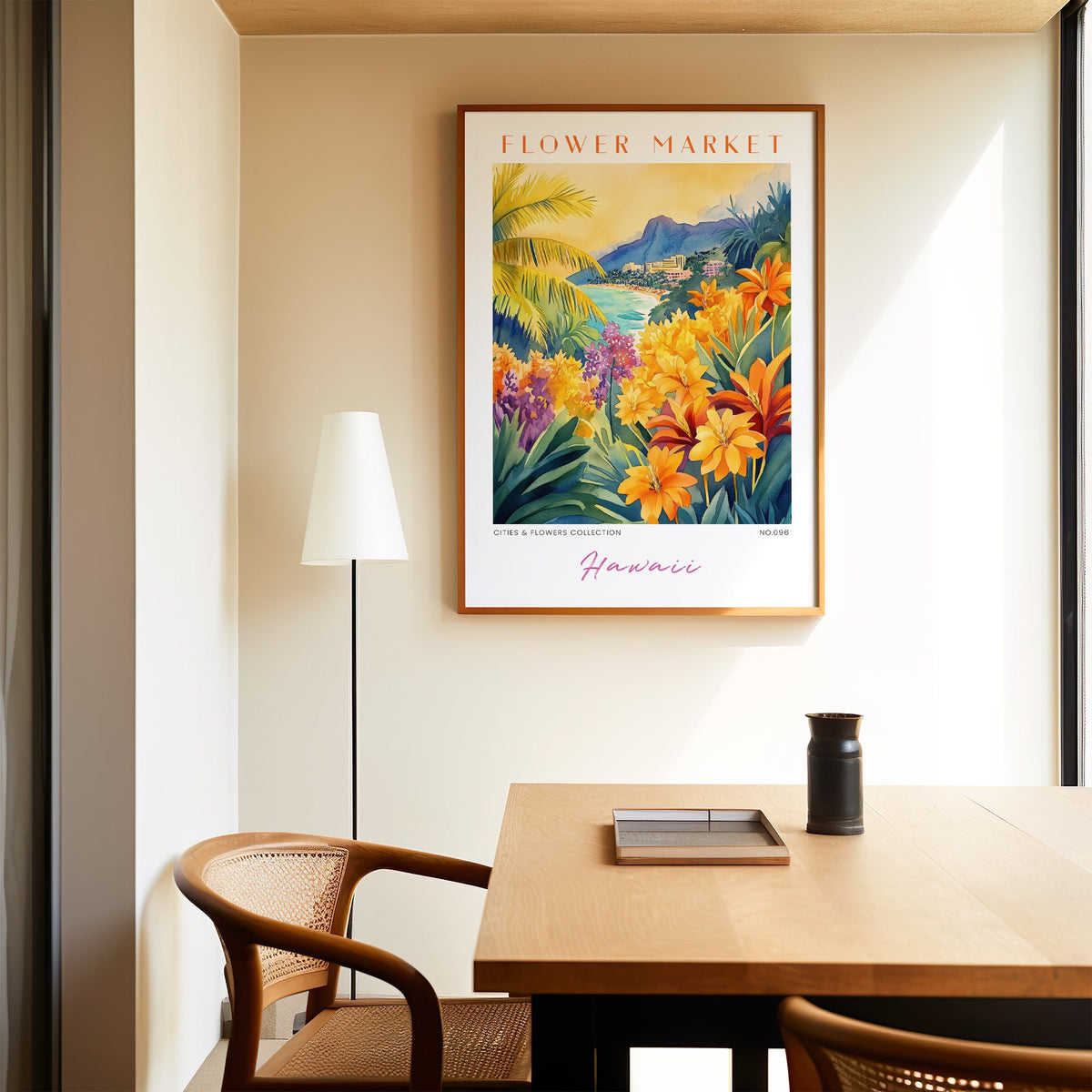 Hawaii flower market print in an oak frame above a dining table and cane chair