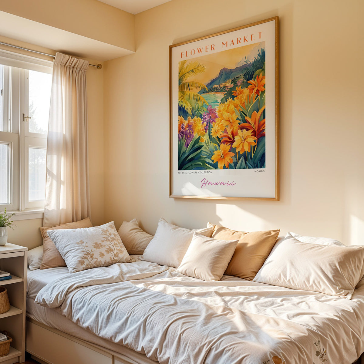 Hawaii flower market print in an oak frame above a cream daybed in a sunny bedroom