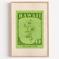 Hawaii state flower stamp print in forest green on lime, light oak frame on a plain white wall