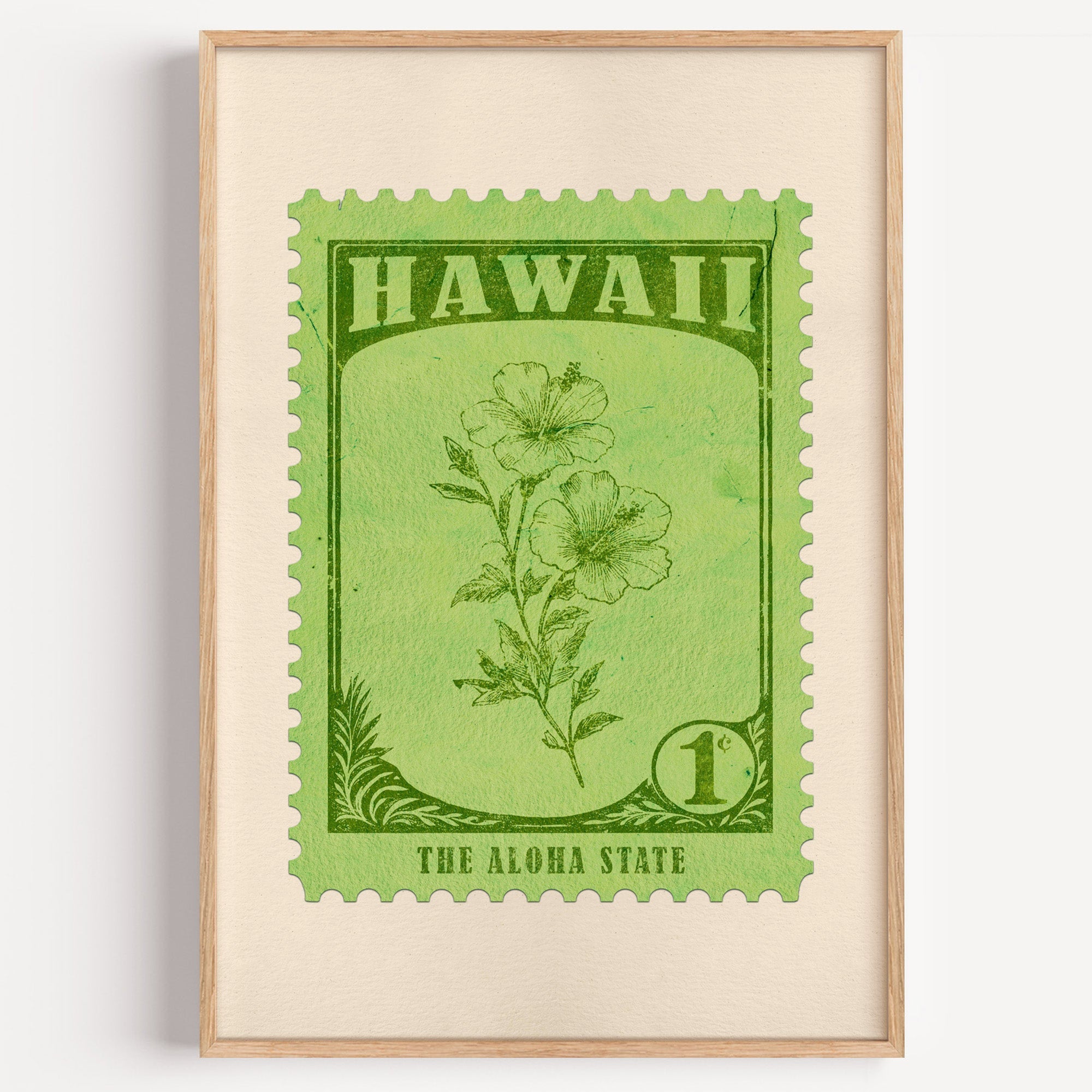 Hawaii state flower stamp print in forest green on lime, light oak frame on a plain white wall