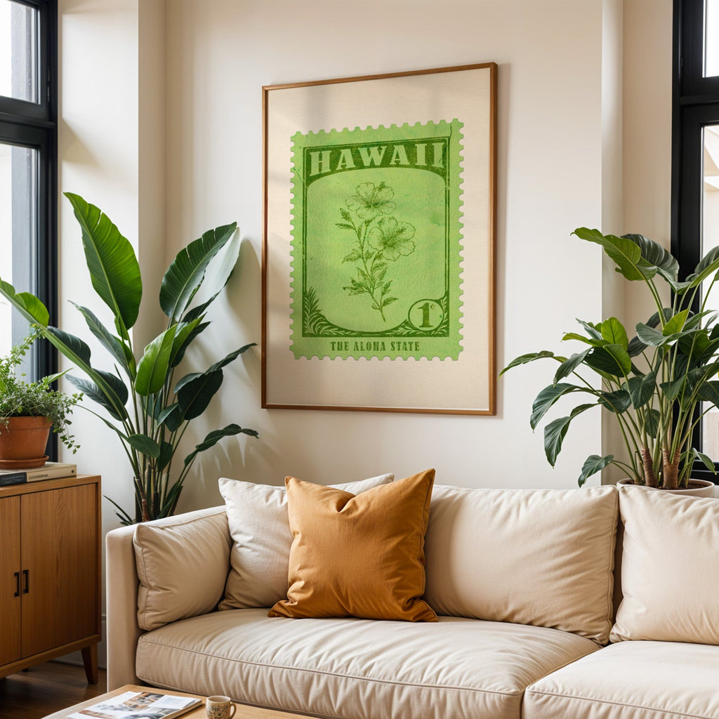 Hawaii state flower print framed above a cream sofa with an ochre cushion and large plants either side