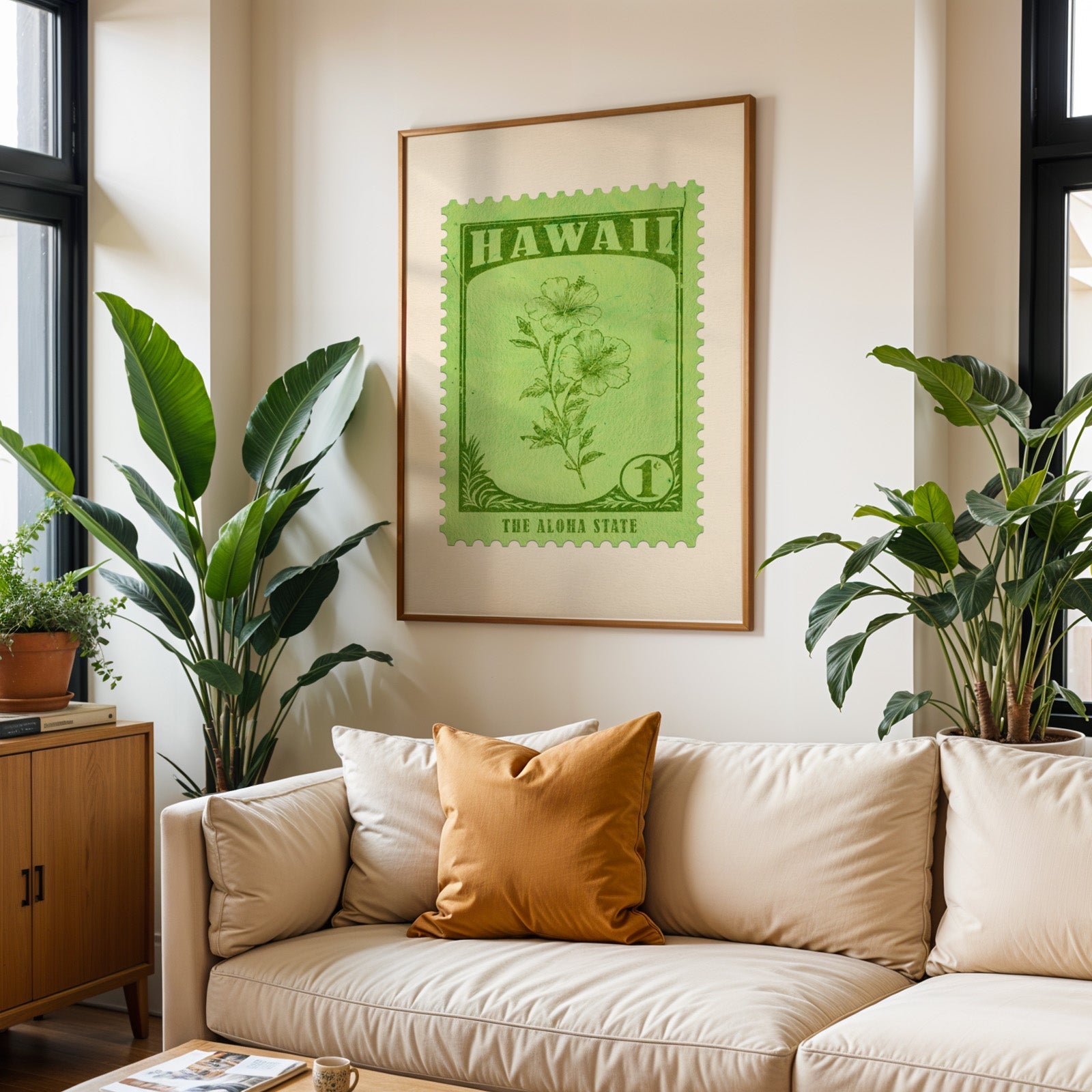 Hawaii state flower print framed above a cream sofa with an ochre cushion and large plants either side