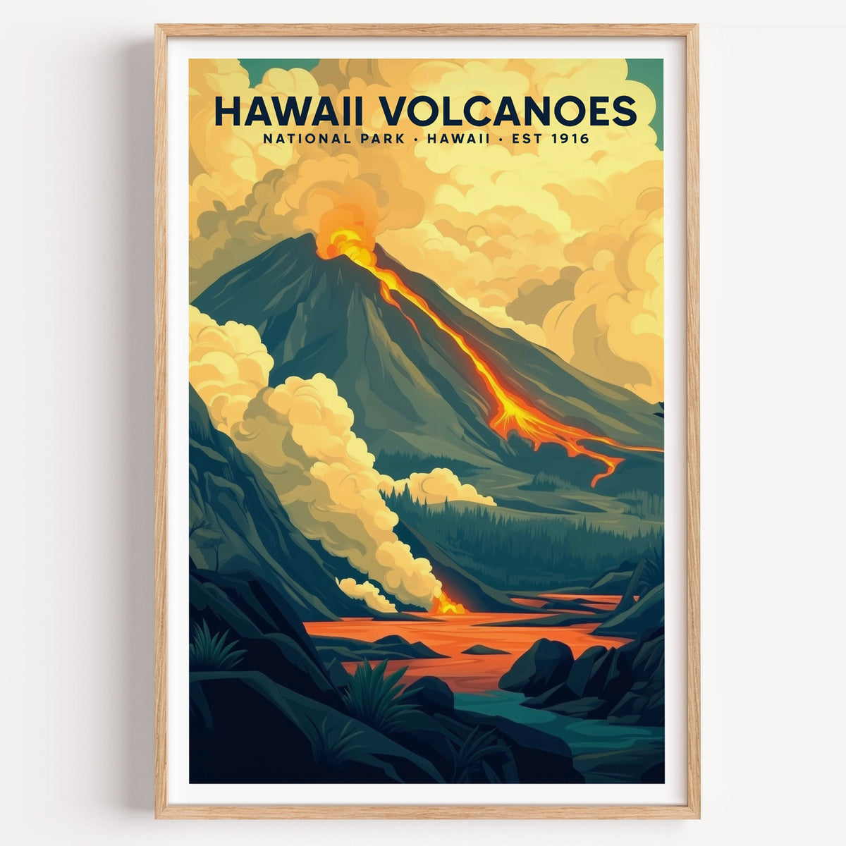 Hawaiʻi Volcanoes National Park illustrated print: lava down a smoking cone, in an oak frame