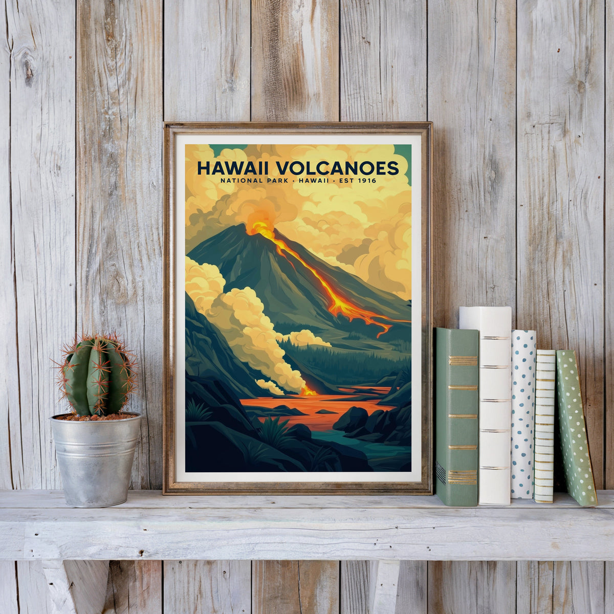 Hawaiʻi Volcanoes poster in an antique gold frame against whitewashed farmhouse planks