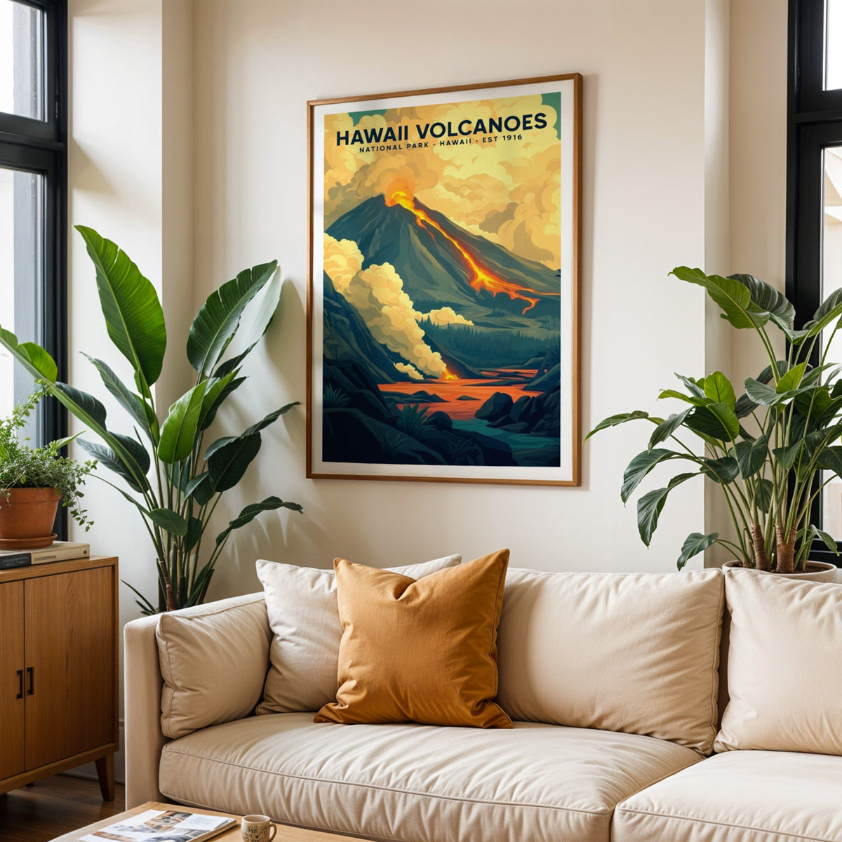 Hawaiʻi Volcanoes print in an oak frame above a cream living room sofa with an ochre cushion