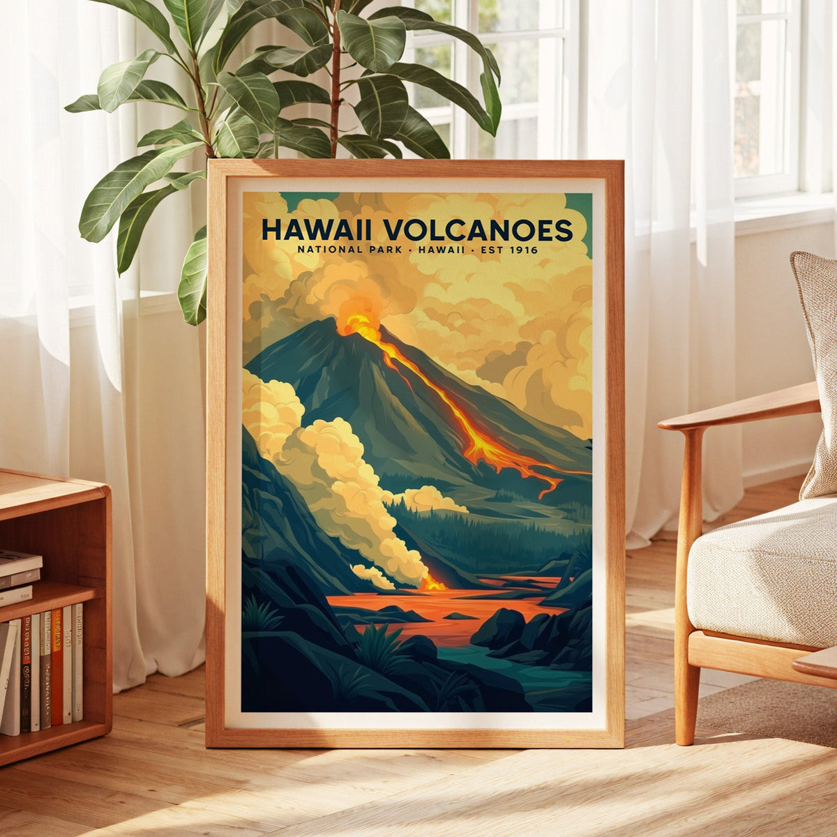 Hawaiʻi Volcanoes print in an oak frame by a sunlit window with sheer curtains and a plant