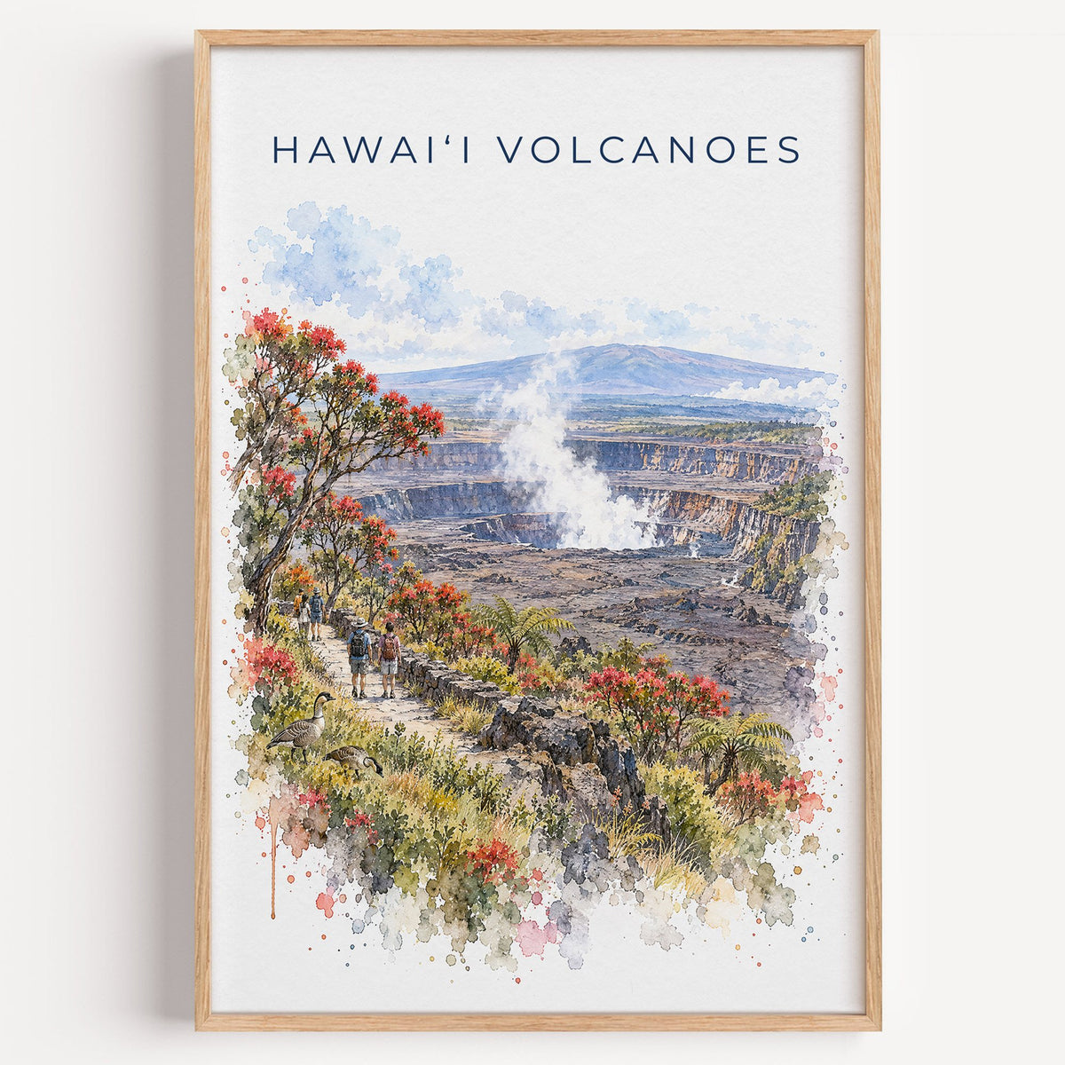 Hawaii Volcanoes National Park watercolor print in a light oak frame on a plain white wall
