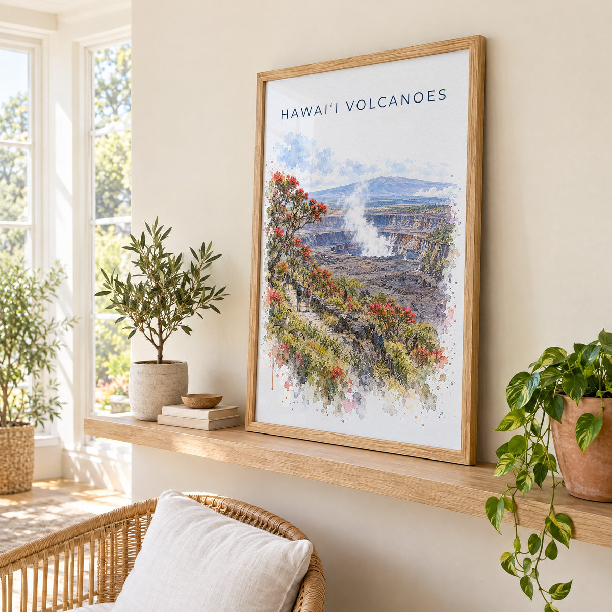 Hawaii Volcanoes National Park watercolor print in an oak frame on a picture ledge in a sunlit sunroom