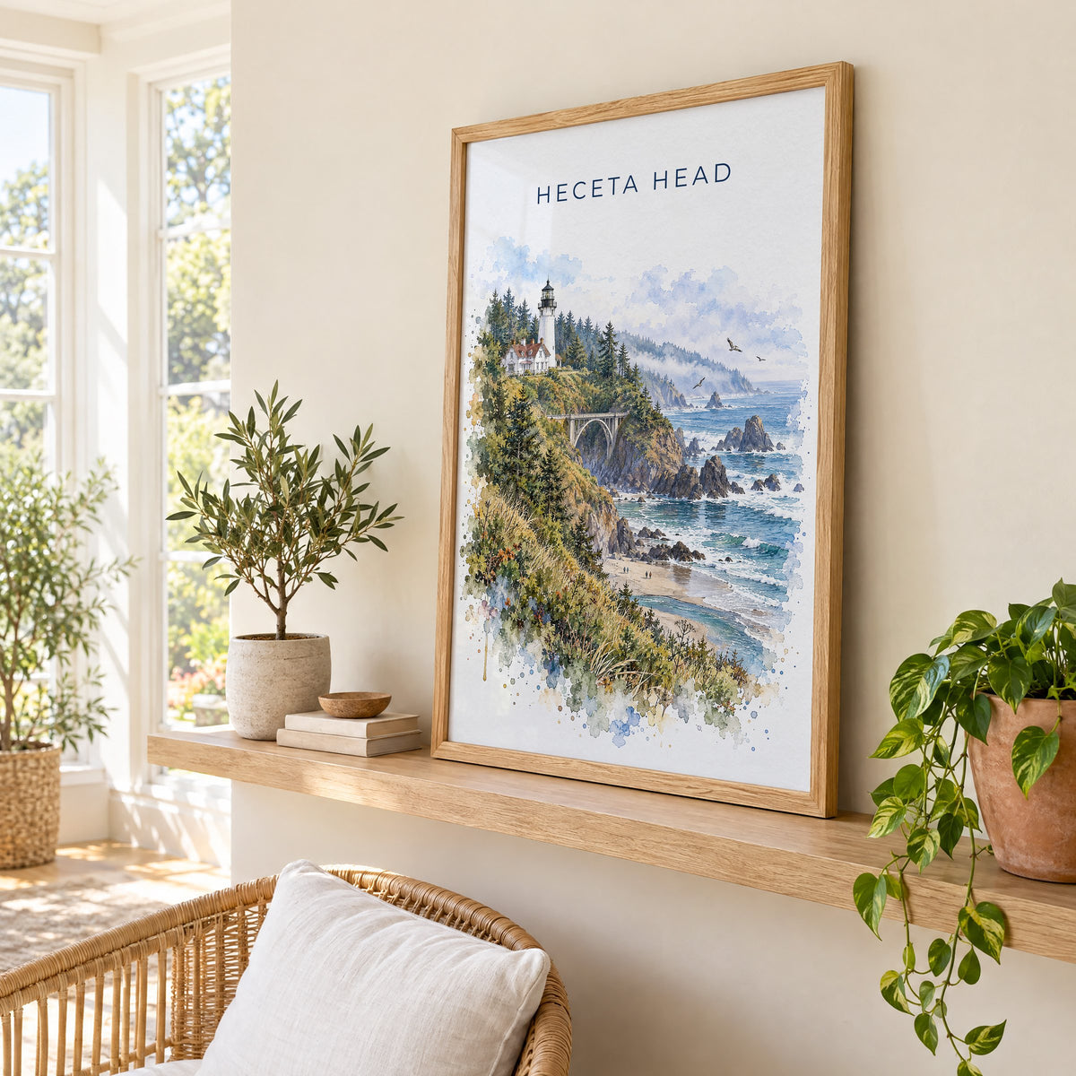 Heceta Head watercolor print in an oak frame on a picture ledge in a sunlit sunroom