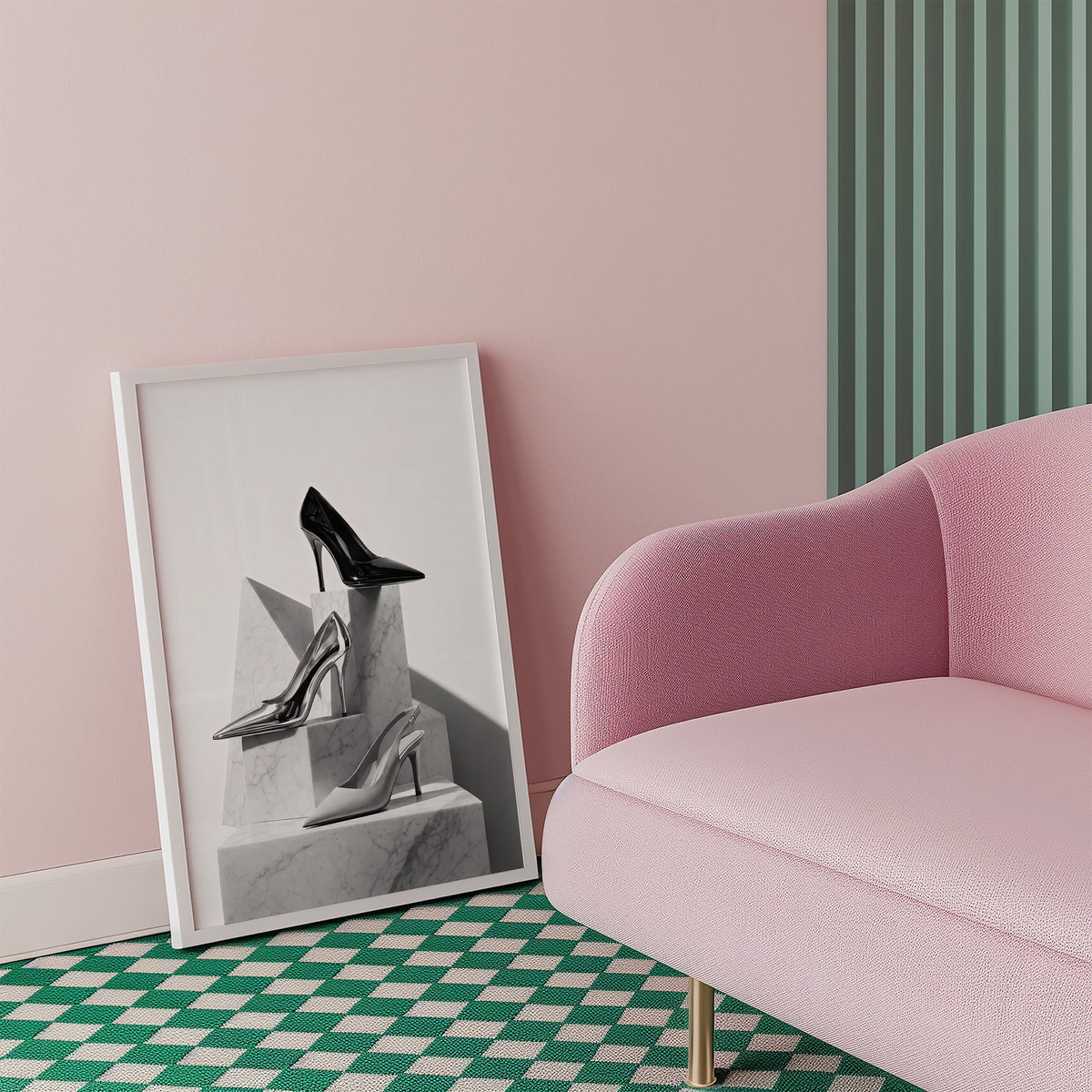Three pairs of heels on marble pedestals print in a white frame beside a pink armchair on a checkered floor