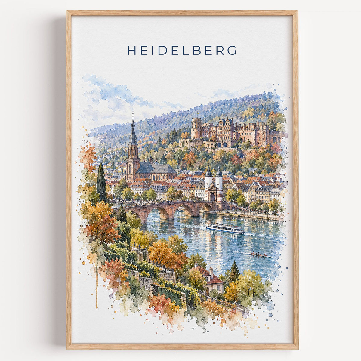 Heidelberg watercolor print in a light oak frame on a plain white wall