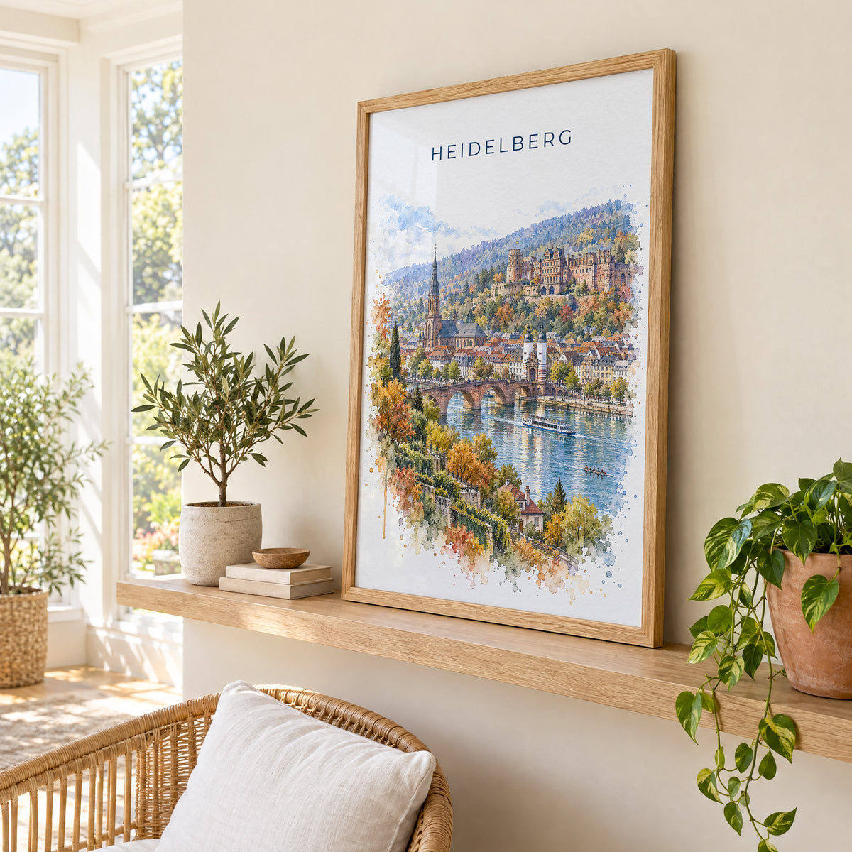 Heidelberg watercolor print in an oak frame on a picture ledge in a sunlit sunroom