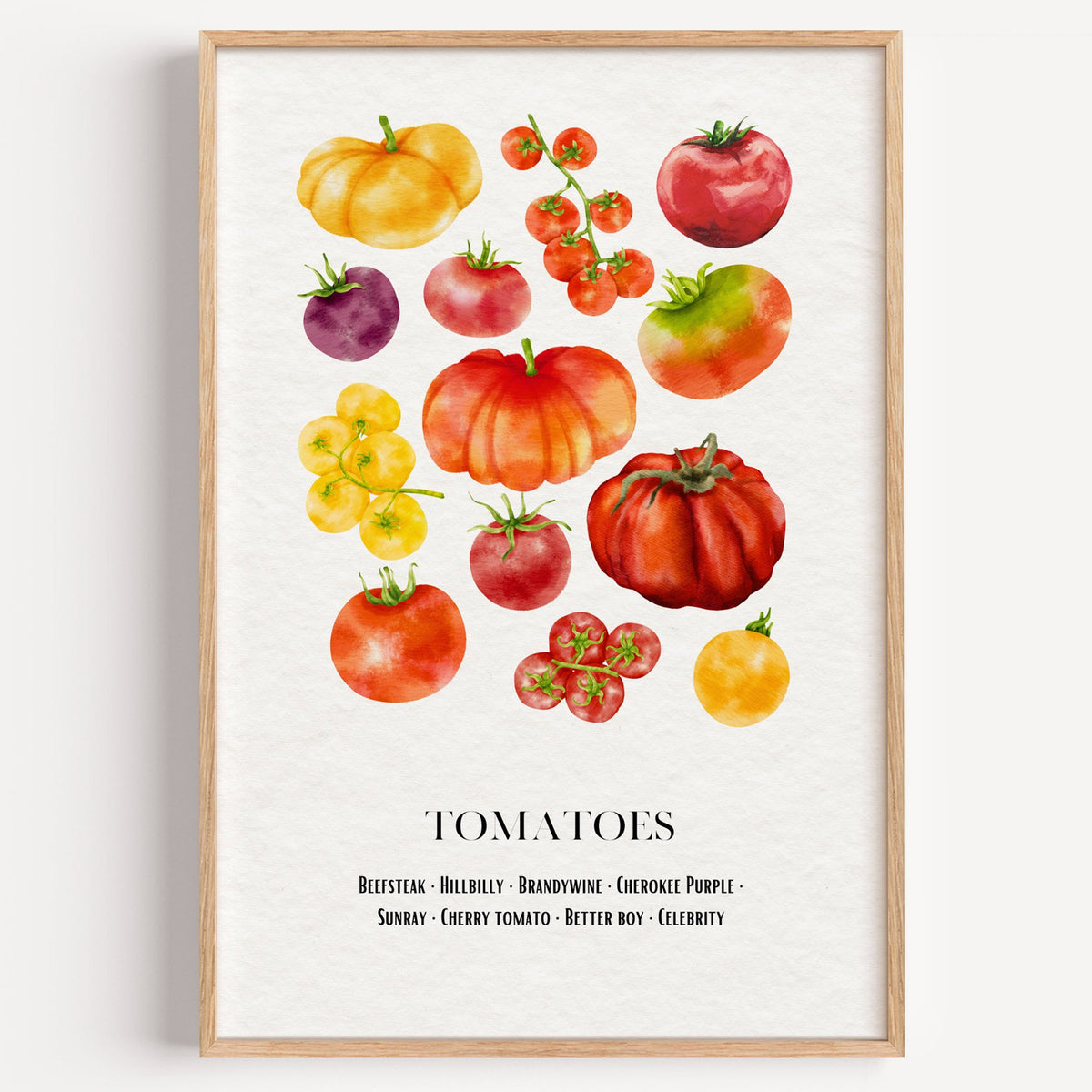 TOMATOES watercolor heirloom varieties chart print in a light oak frame on a plain white wall