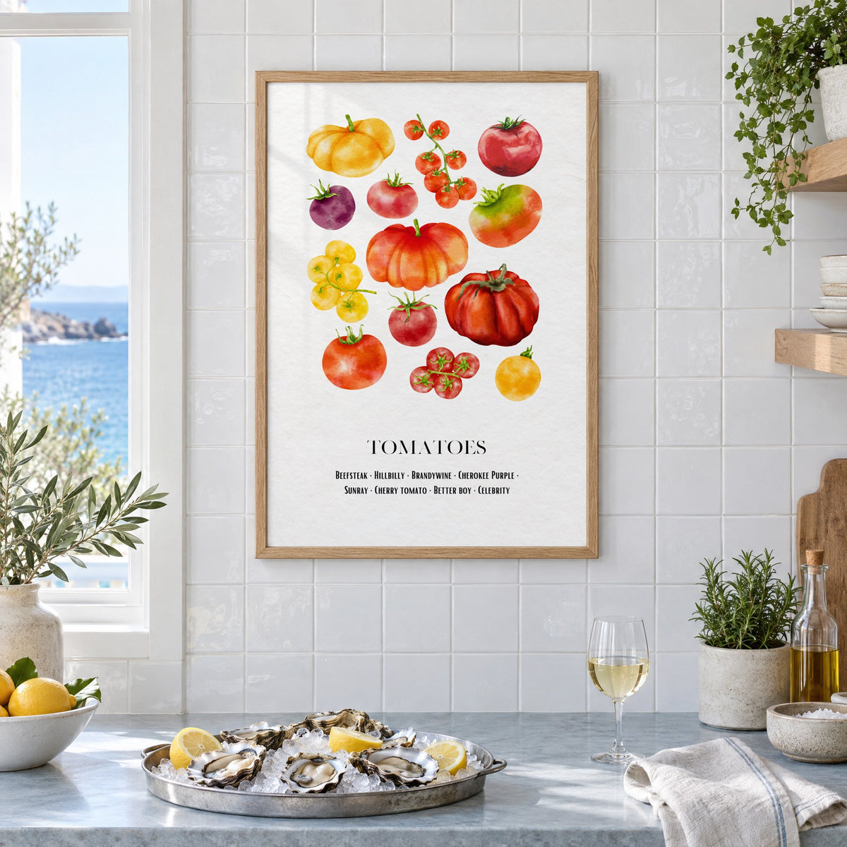TOMATOES watercolor heirloom varieties chart print in an oak frame on white tiles above a marble counter with oysters and lemons by a sea view