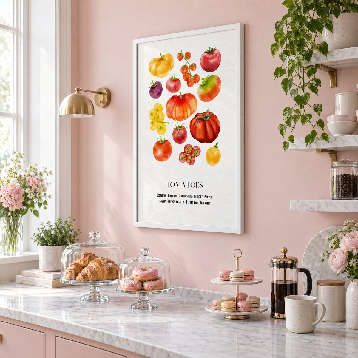 TOMATOES watercolor heirloom varieties chart print in a white frame on a blush pink wall above a patisserie counter with croissants and macarons, seen at an angle