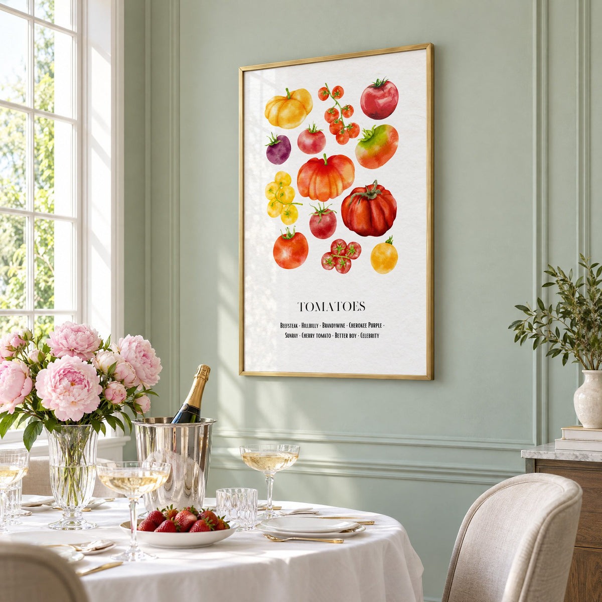 TOMATOES watercolor heirloom varieties chart print in a brass frame on a sage wall above a brunch table with champagne and peonies, seen at an angle