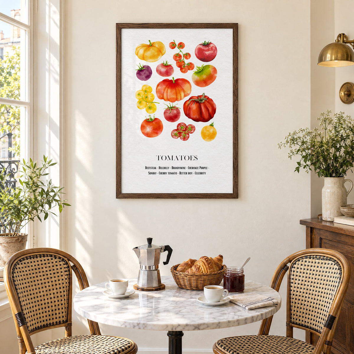 TOMATOES watercolor heirloom varieties chart print in a walnut frame above a marble bistro table with croissants and rattan chairs